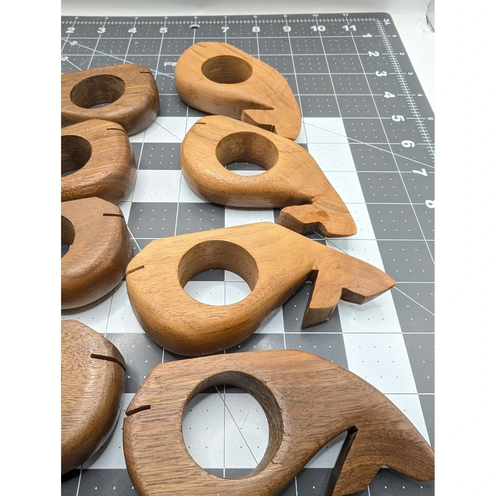 Hand Carved Wood Whale Napkin Rings Set of 8 Coastal Nautical Decor Brown